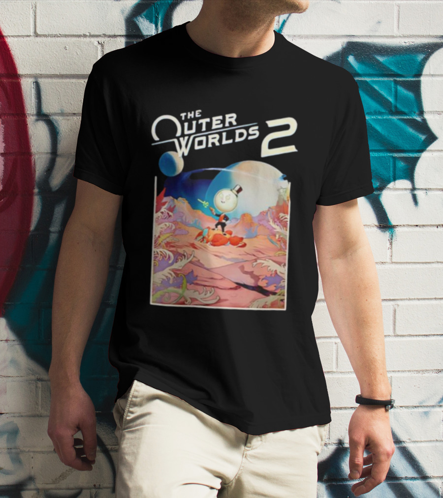 The Outer Worlds 2 Surreal Landscape With Cartoon Character T-Shirt