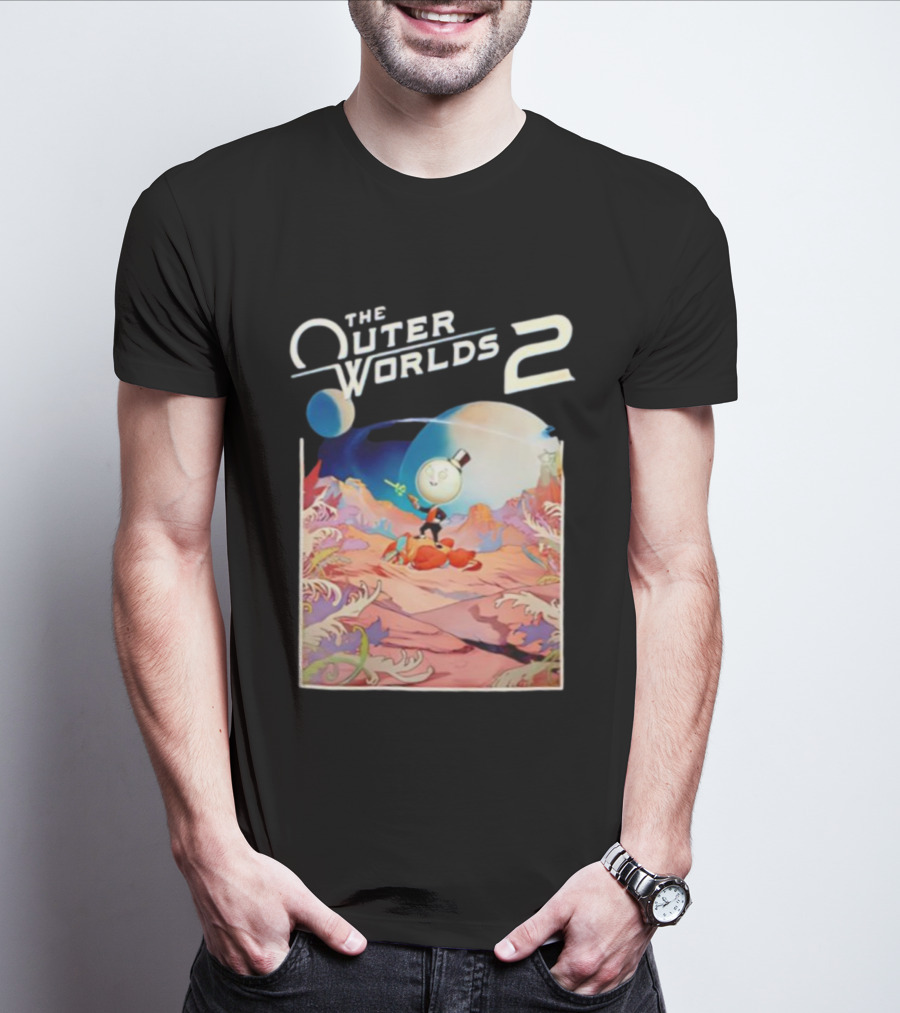 The Outer Worlds 2 Surreal Landscape With Cartoon Character T-Shirt