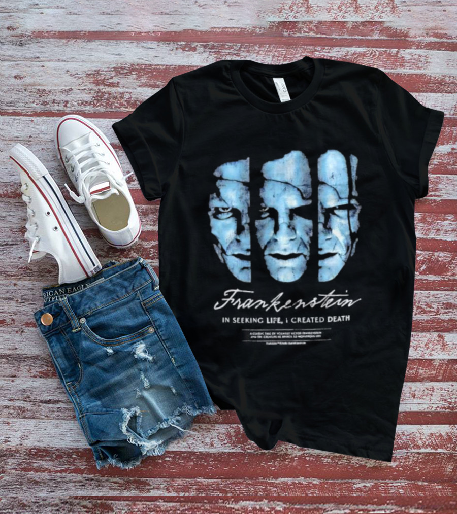 Frankenstein The Creature Seeking Life Created Death Split Face Design T-Shirt