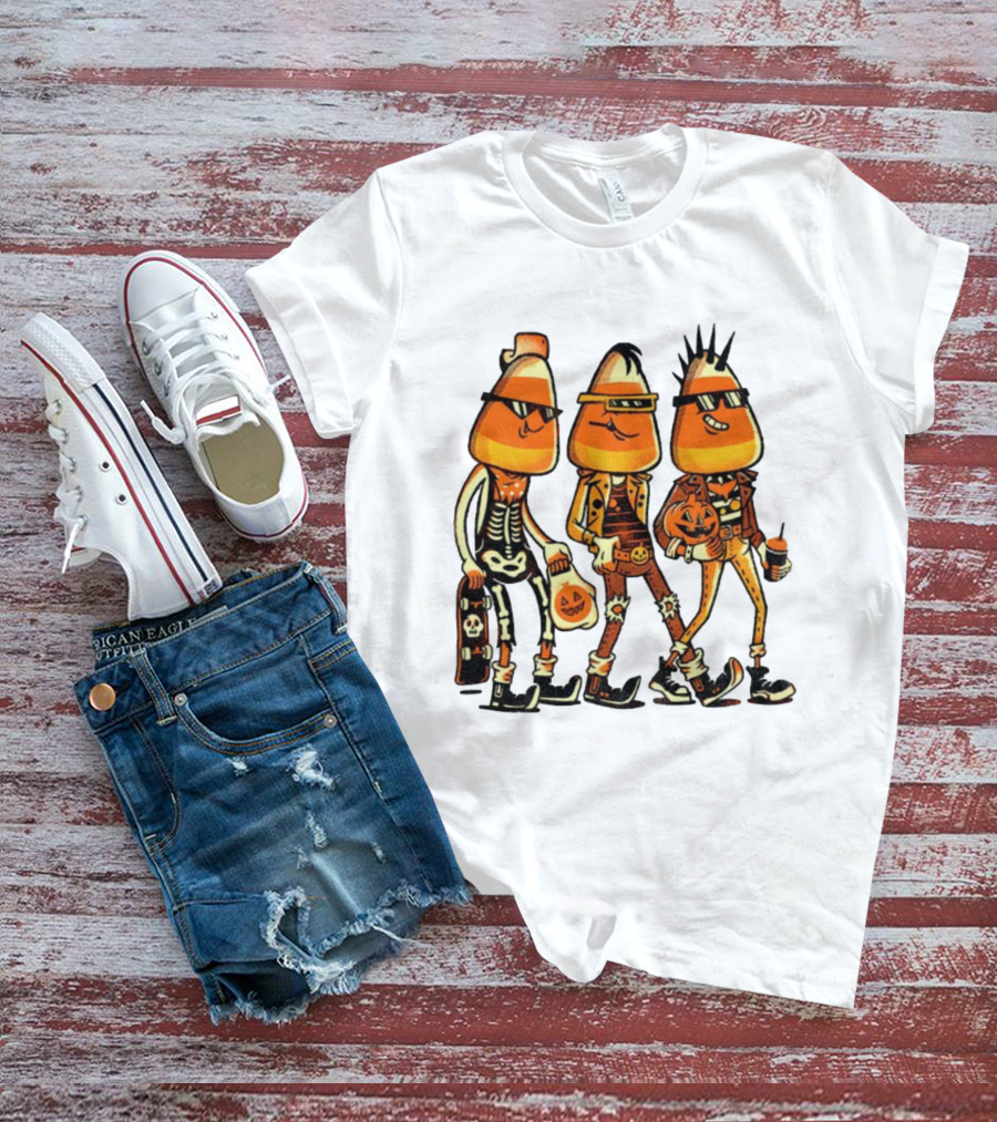 Candy Corn Punk Rock Skeleton Pumpkin Halloween Characters T-Shirt