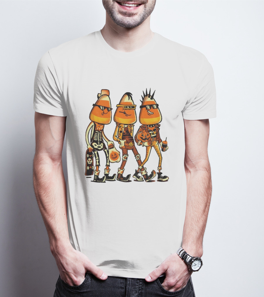 Candy Corn Punk Rock Skeleton Pumpkin Halloween Characters T-Shirt