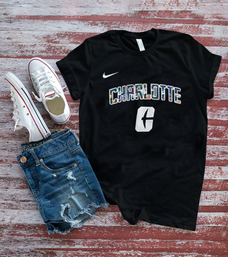 Charlotte C Logo With Nike Swoosh Multicolor Lettering T-Shirt