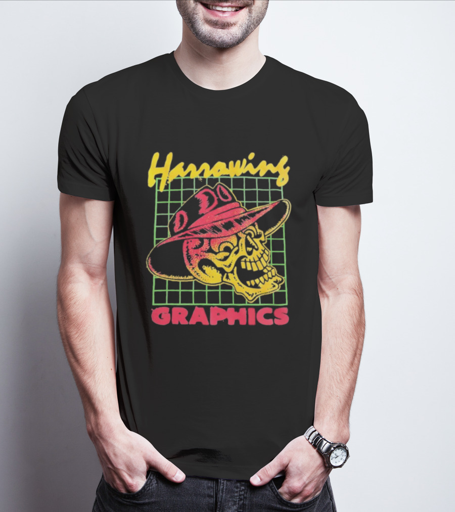 Harrowing Skull Cowboy Hat Graphics Retro Neon Style T-Shirt