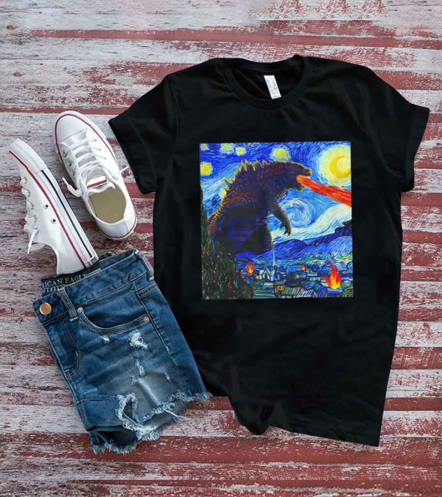 Godzilla Van Gogh Starry Night Mashup Scene T-Shirt