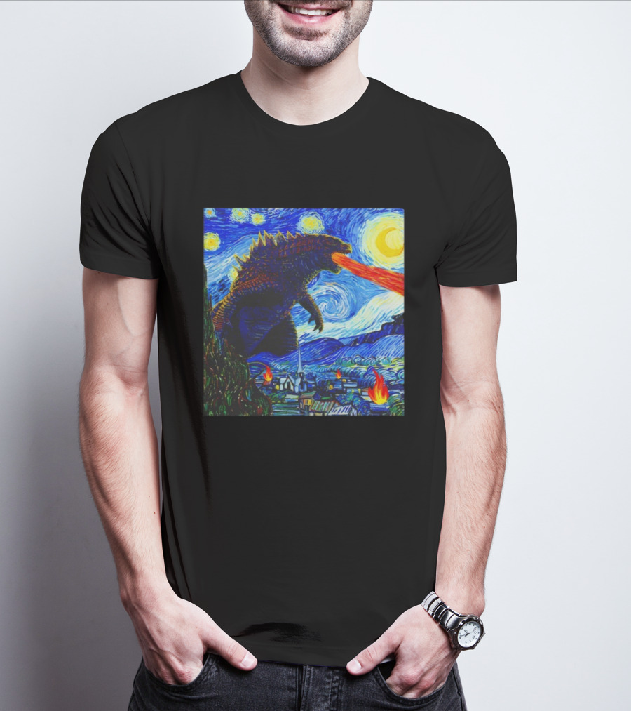 Godzilla Van Gogh Starry Night Mashup Scene T-Shirt