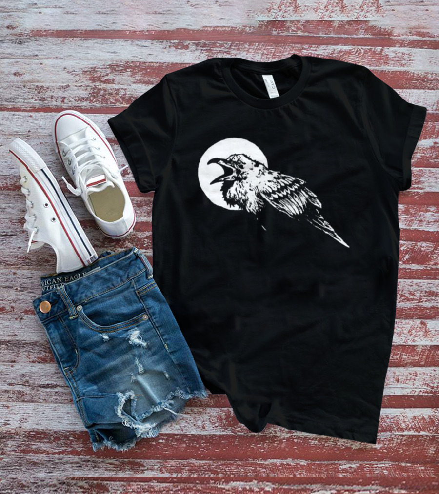 Raven Crow F Caw F Vintage Retro Bird Full Moon Silhouette In Flight T-Shirt