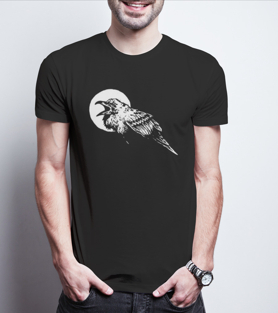 Raven Crow F Caw F Vintage Retro Bird Full Moon Silhouette In Flight T-Shirt