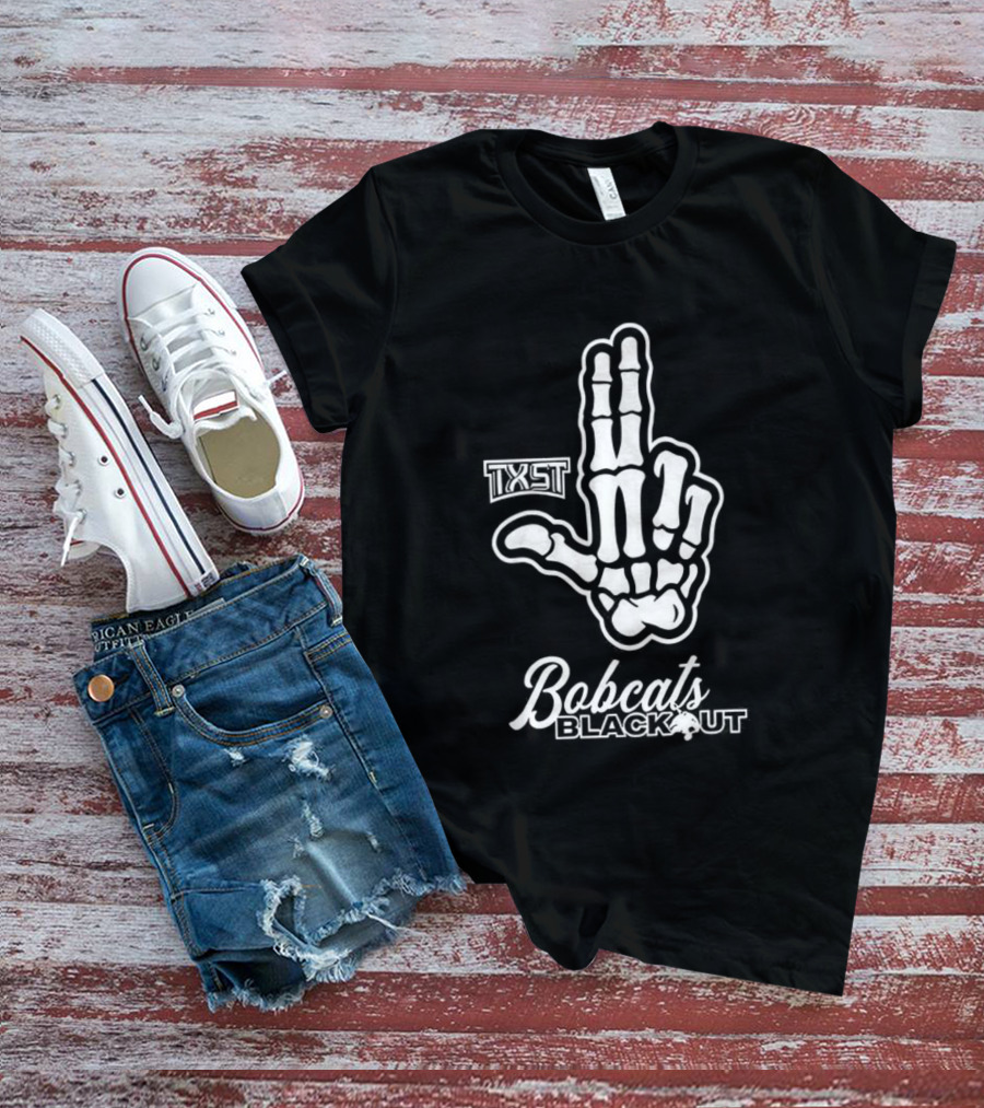 Skeleton Hand TXST Bobcats Blackout Gesture T-Shirt