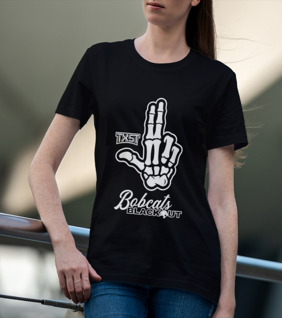 Skeleton Hand TXST Bobcats Blackout Gesture T-Shirt