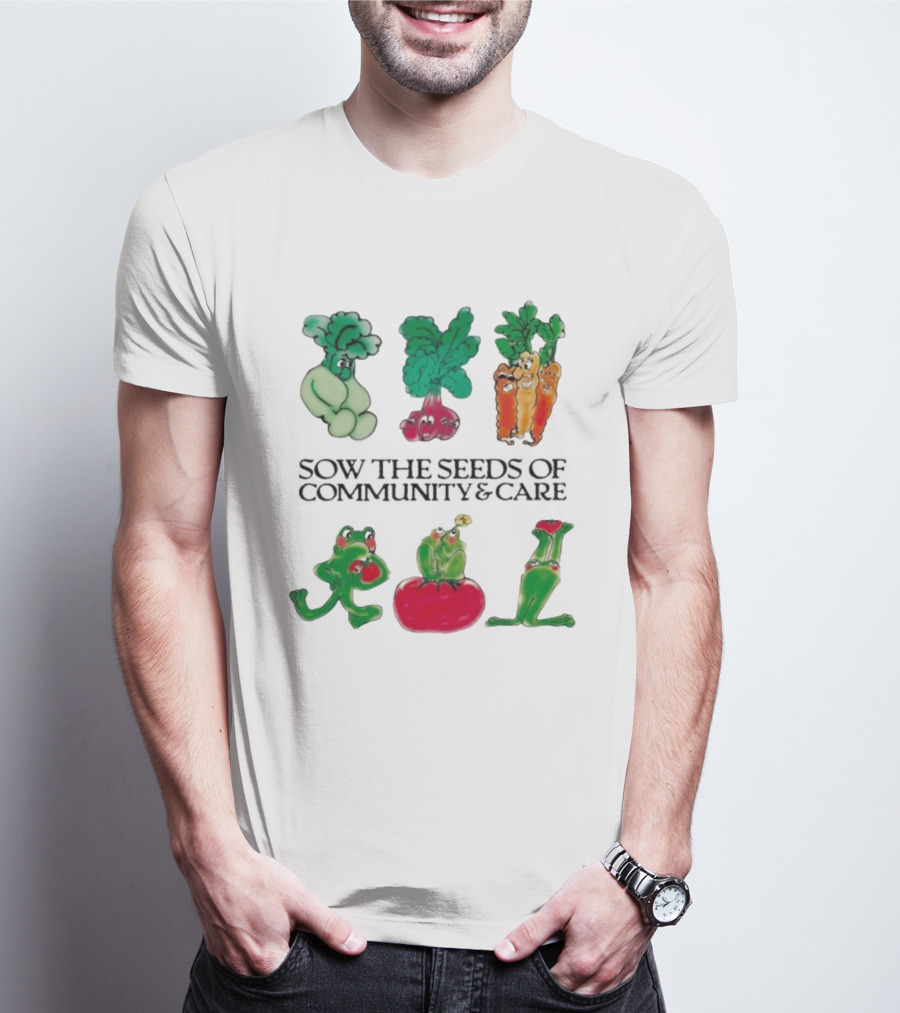 Sow The Seeds Of Community & Care With Playful Vegetable And Frog Characters T-Shirt