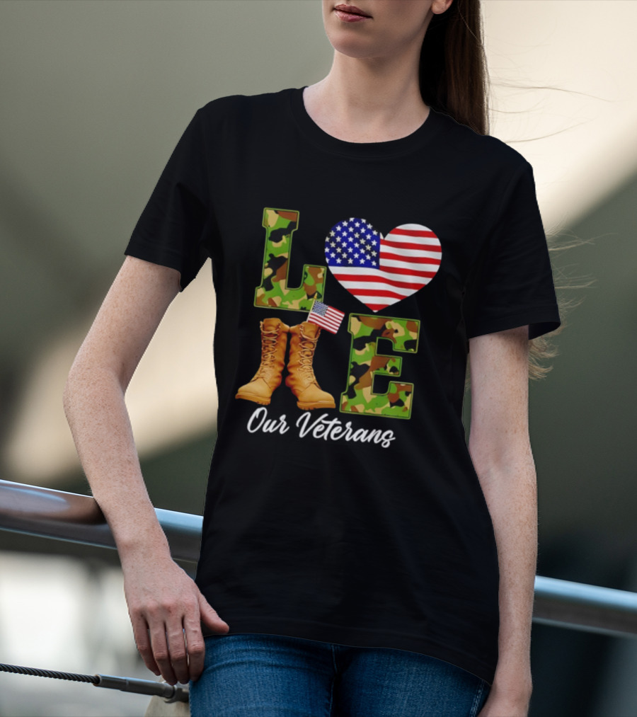 Love Veterans Day American Flag Military Camouflage Boots T-Shirt