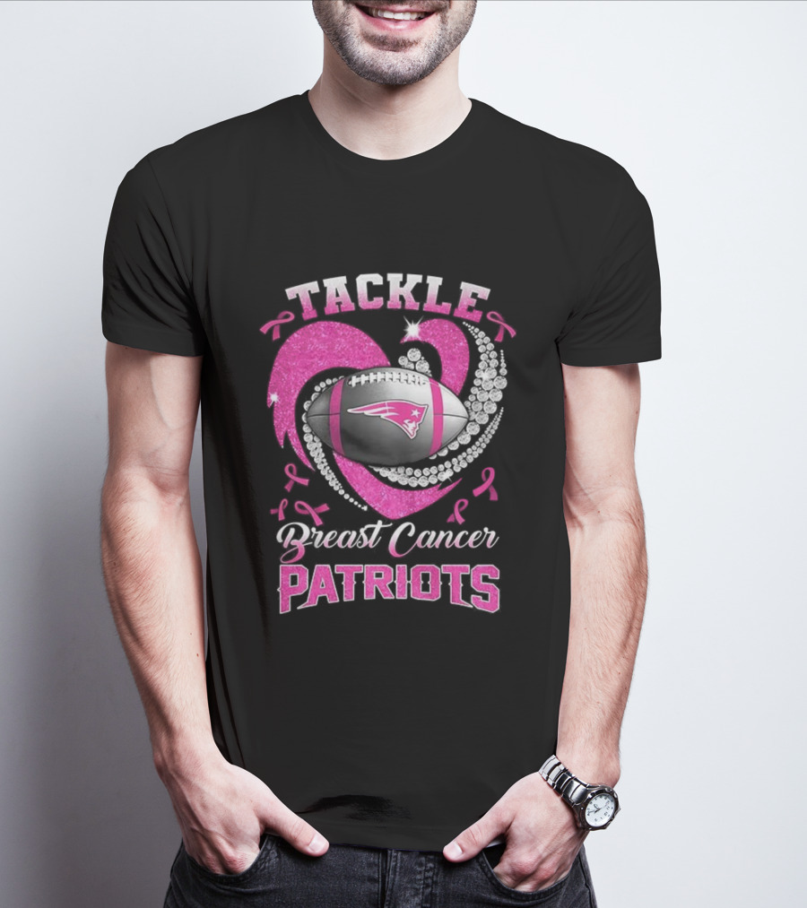 Tackle Breast Cancer New England Patriots Pink Ribbon Heart Football T-Shirt