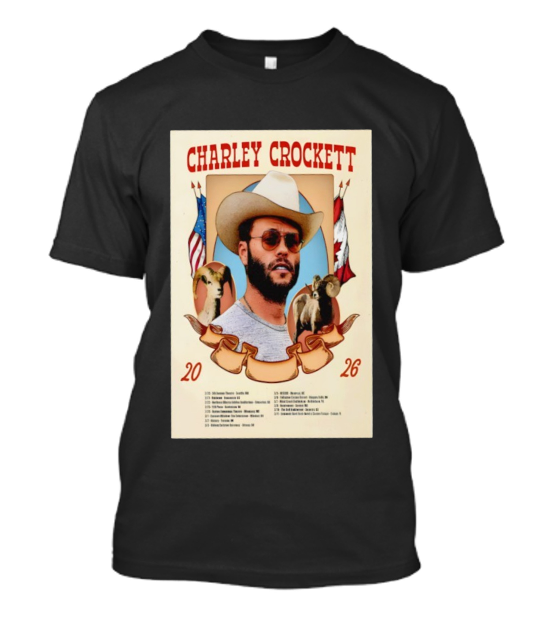 Charley Crockett Tour 2026 American Canadian Flags Vintage Style T-Shirt