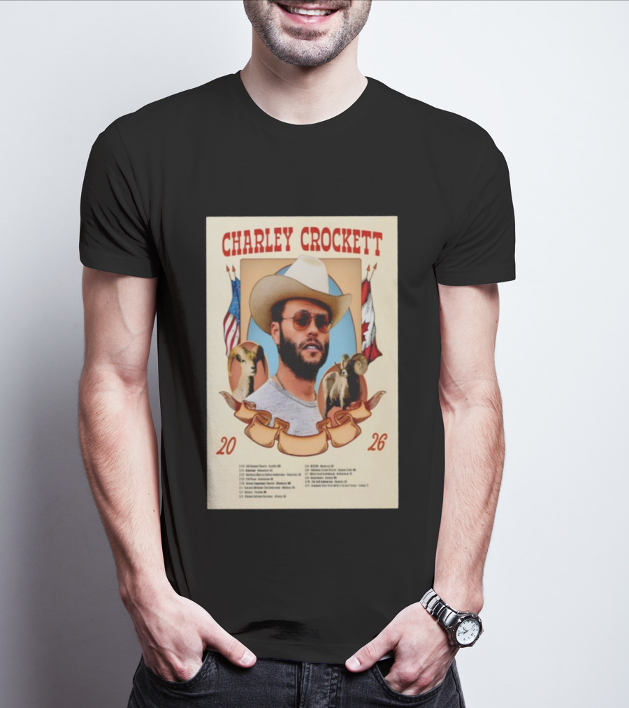 Charley Crockett Tour 2026 American Canadian Flags Vintage Style T-Shirt