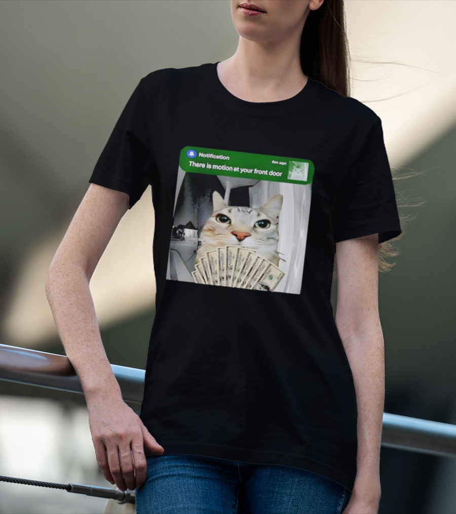 Notification Funny Cat Meme Motion At Your Front Door Money T-Shirt
