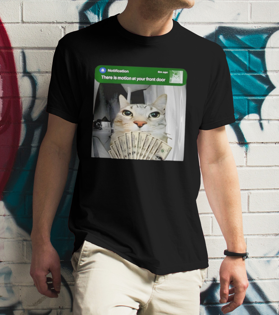 Notification Funny Cat Meme Motion At Your Front Door Money T-Shirt