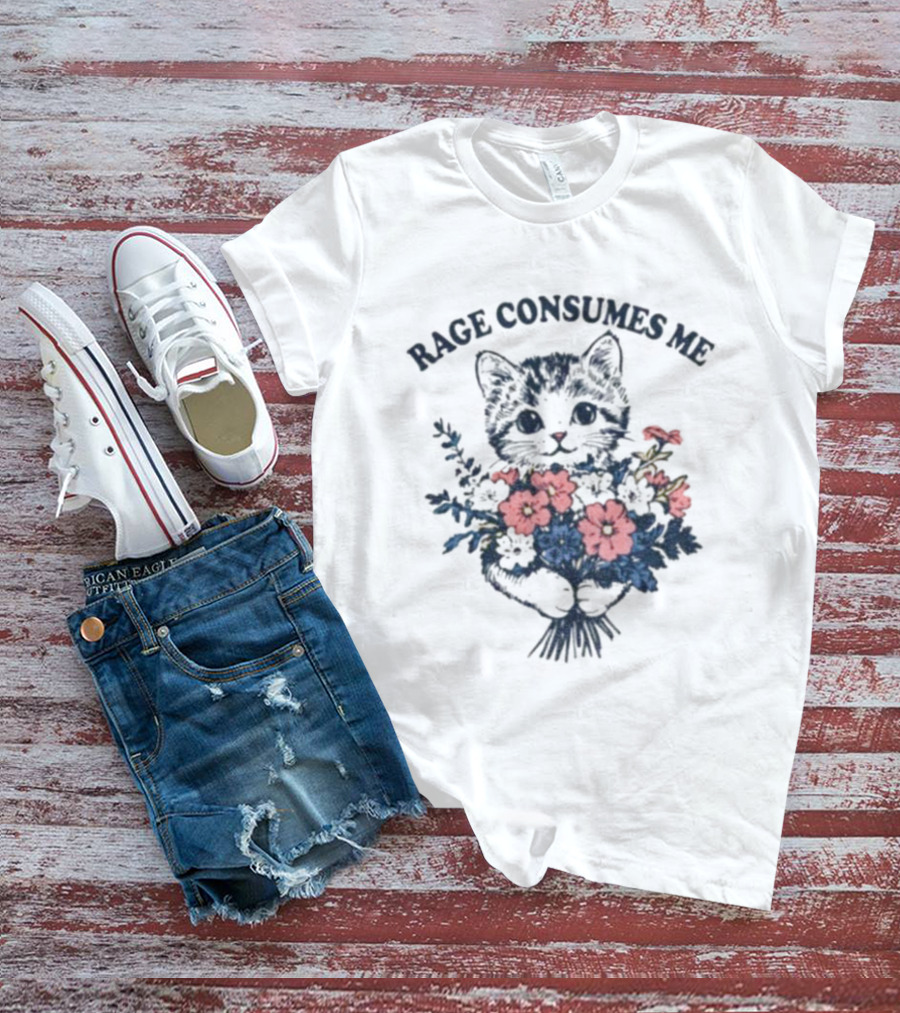 Rage Consumes Me Cat Holding Flower Vintage T-Shirt