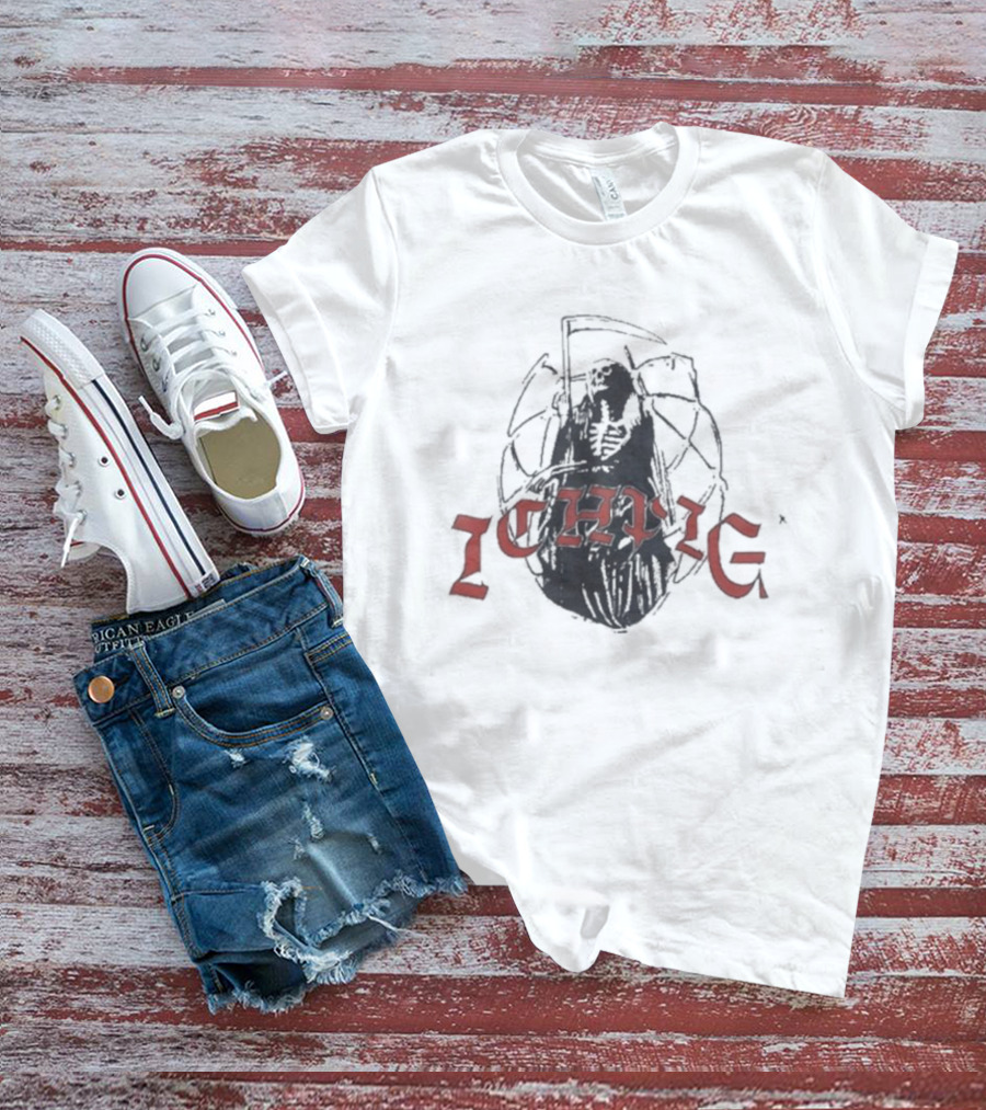 Ichpig Grim Reaper Ichpig Red Arch Text Over Black Cloaked Skeleton T-Shirt