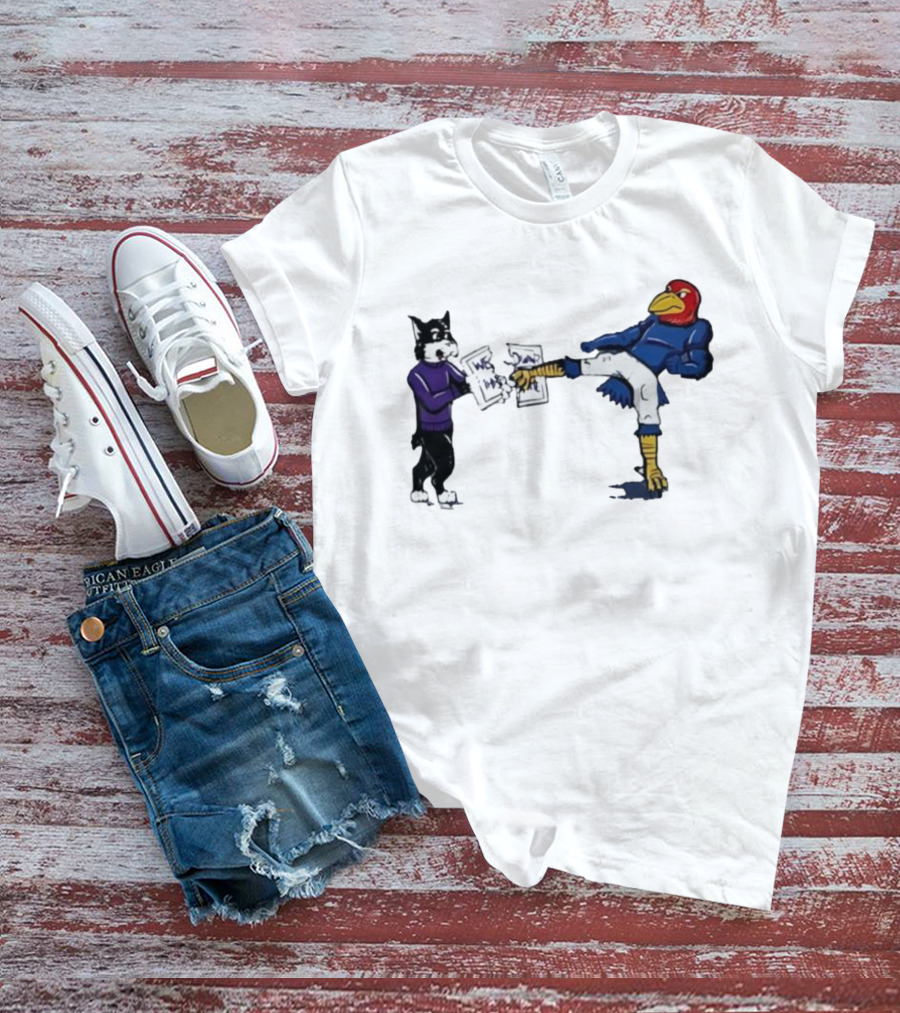 Kansas Jayhawk Mascot Kicking Wildcat We Own State T-Shirt