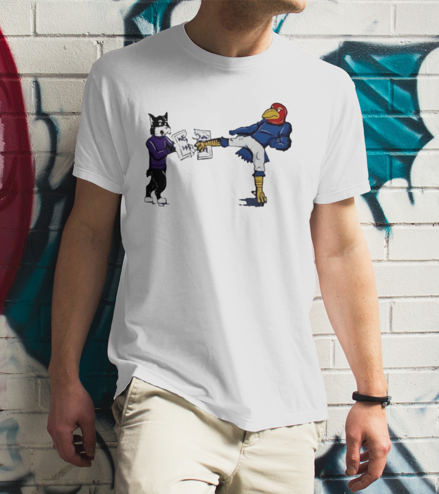 Kansas Jayhawk Mascot Kicking Wildcat We Own State T-Shirt