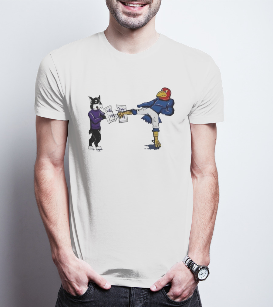 Kansas Jayhawk Mascot Kicking Wildcat We Own State T-Shirt