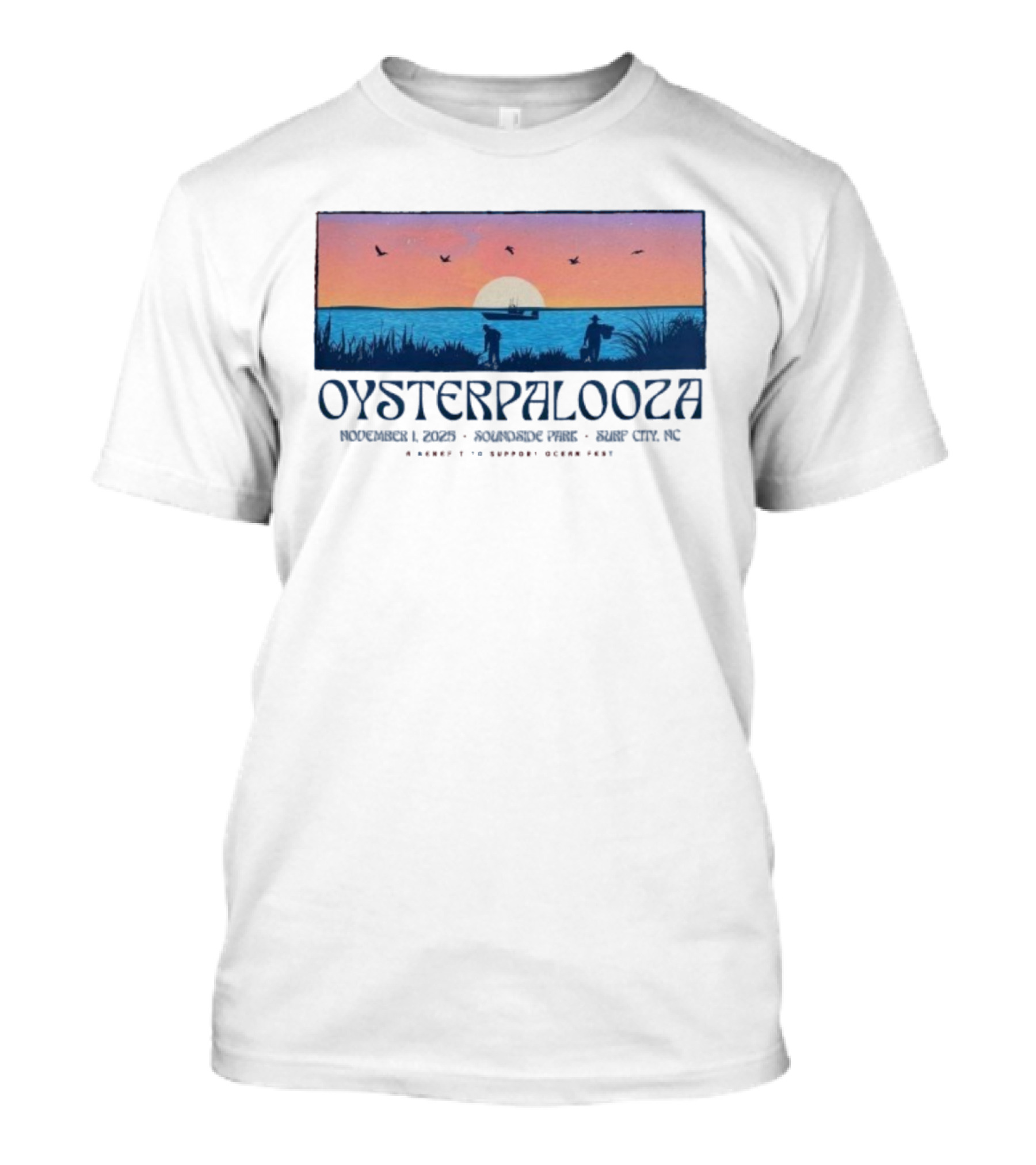 Oysterpalooza Benefit Support Ocean Fest November 1 2025 Soundside Park Surf City NC Sunset Beach Scene T-Shirt