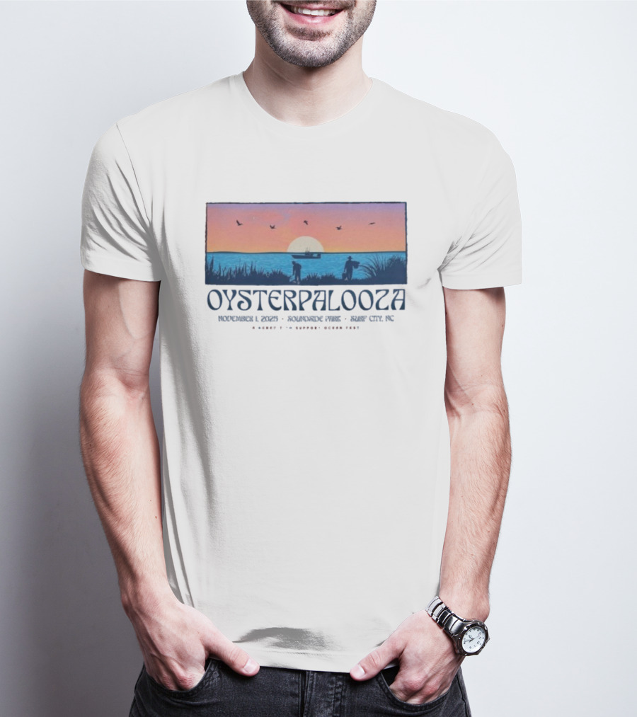 Oysterpalooza Benefit Support Ocean Fest November 1 2025 Soundside Park Surf City NC Sunset Beach Scene T-Shirt