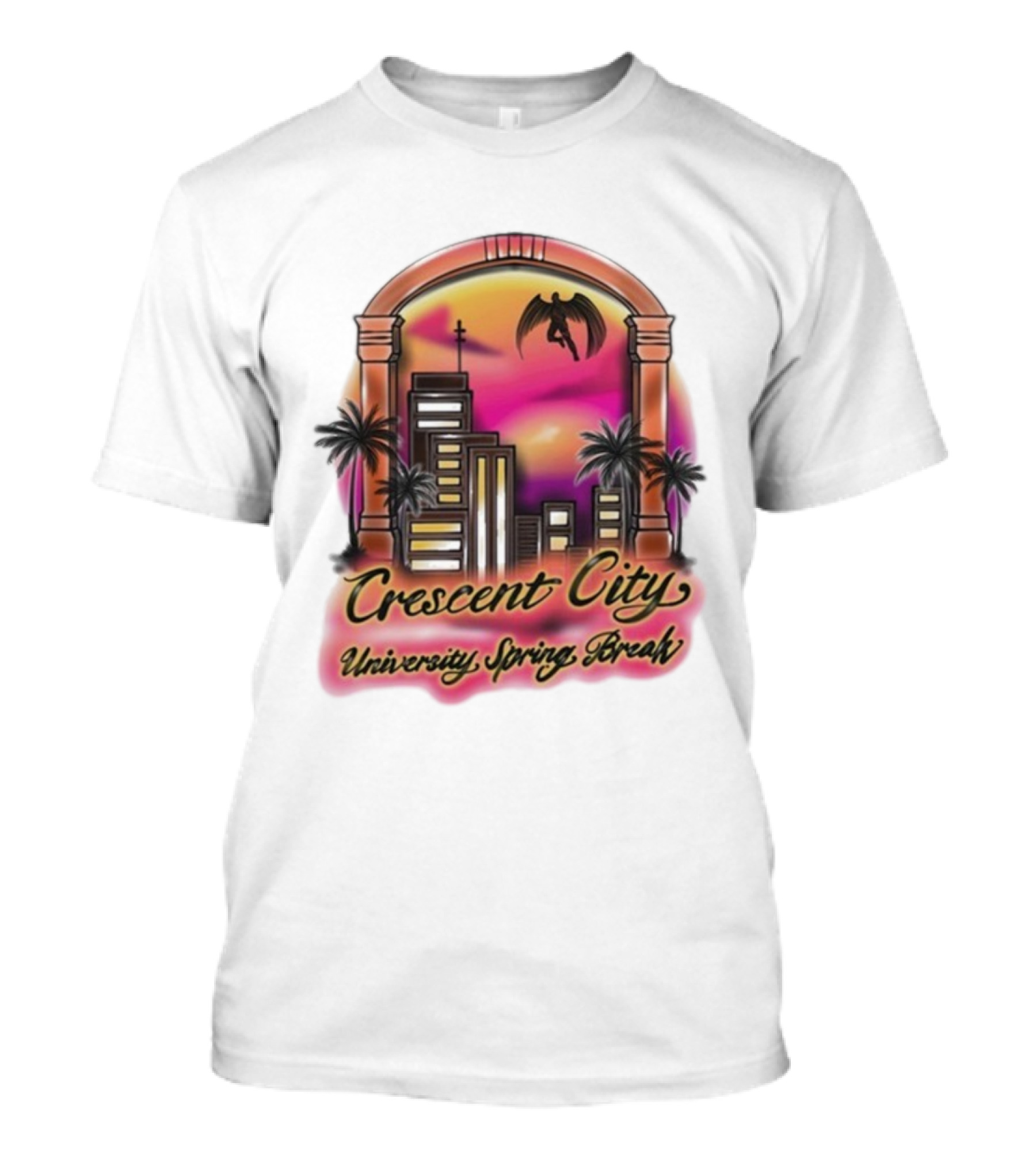 Crescent City University Spring Break Airbrush Tropical Sunset Skyscraper Archway Angel Wings T-Shirt