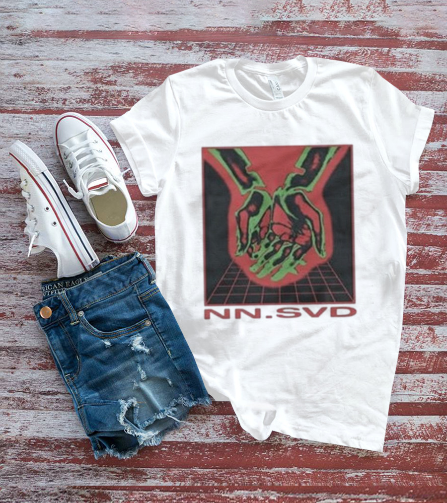 NN SVD Now Saved Hands Green Skeleton Art On Red Background T-Shirt