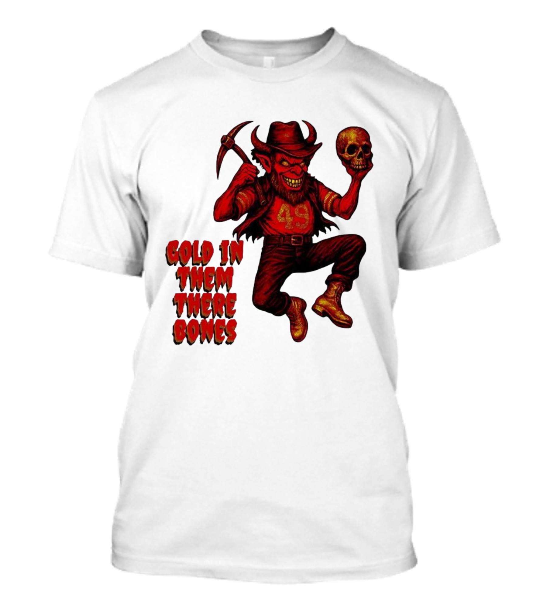 San Francisco 49er Devil Holding Skull Gold In Them There Bones T-Shirt