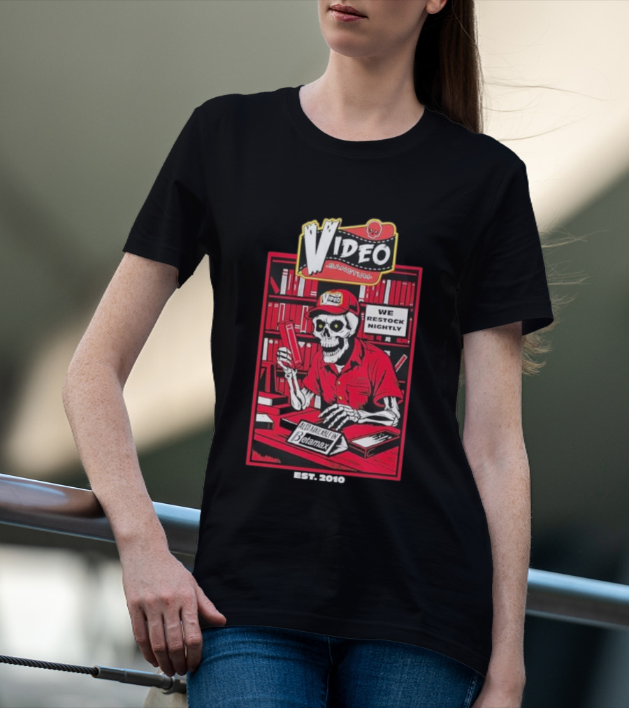 Video Sanctum We Restock Nightly Betamax Skeleton T-Shirt