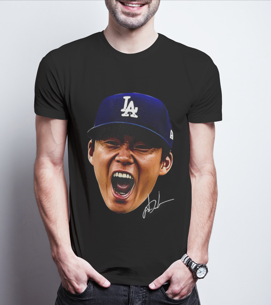 Yoshinobu Yamamoto LA Cap Big Head World Series Champions 2025 Signature T-Shirt