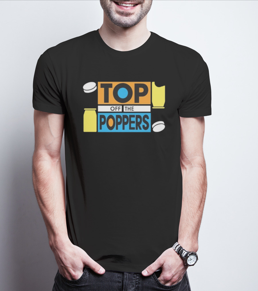 TOP OFF THE POPPERS Yellow And Blue Theme With White Pieces T-Shirt