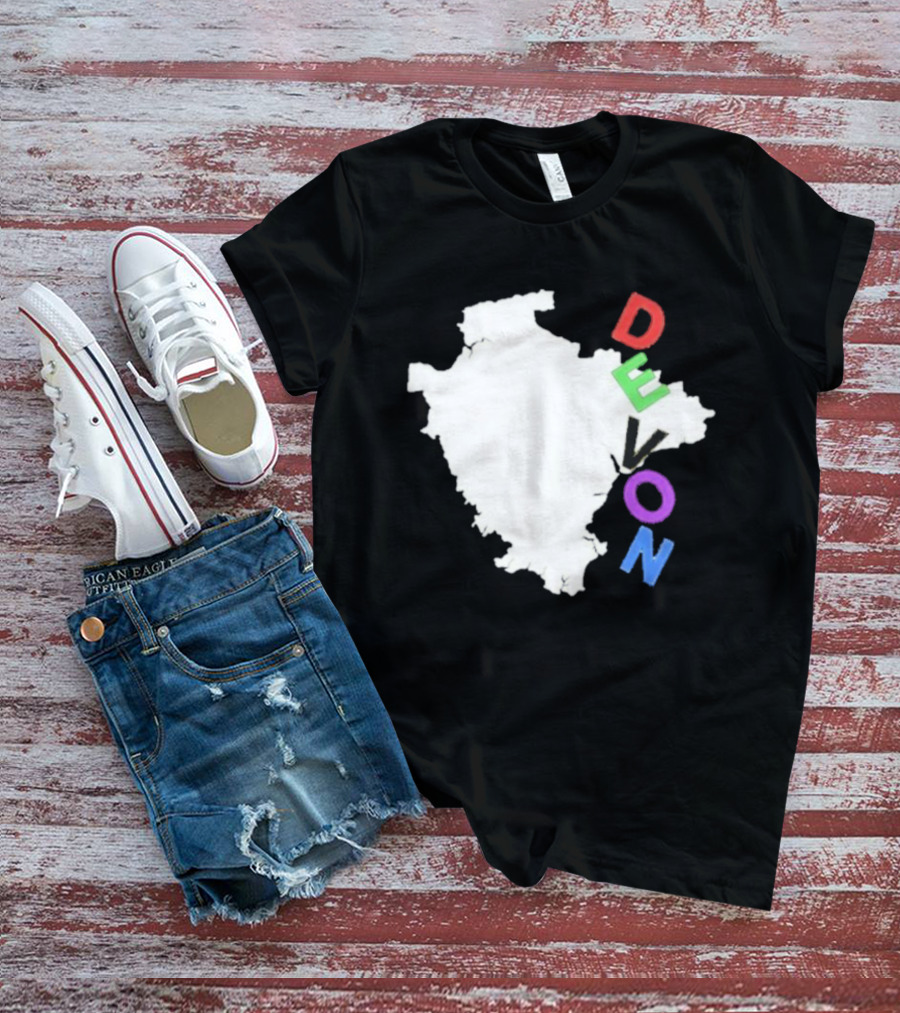 We Are Devon Island Map Outline With Colorful Vertical Text T-Shirt