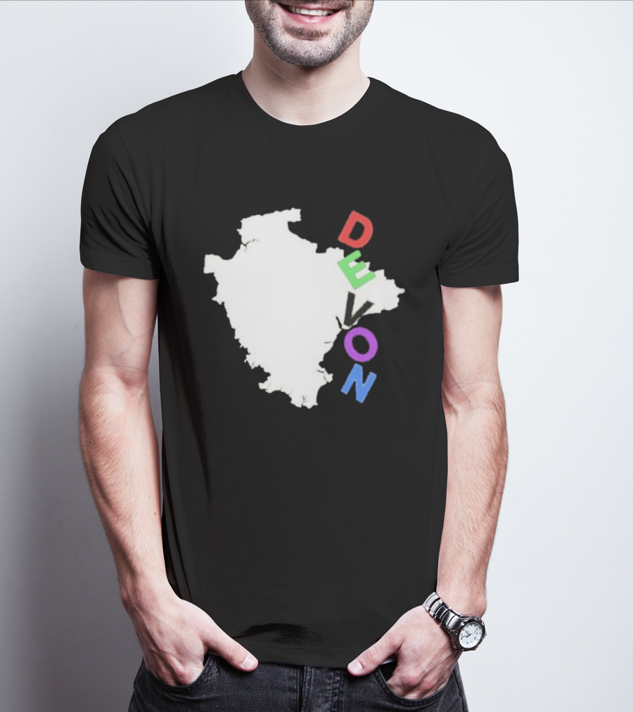 We Are Devon Island Map Outline With Colorful Vertical Text T-Shirt