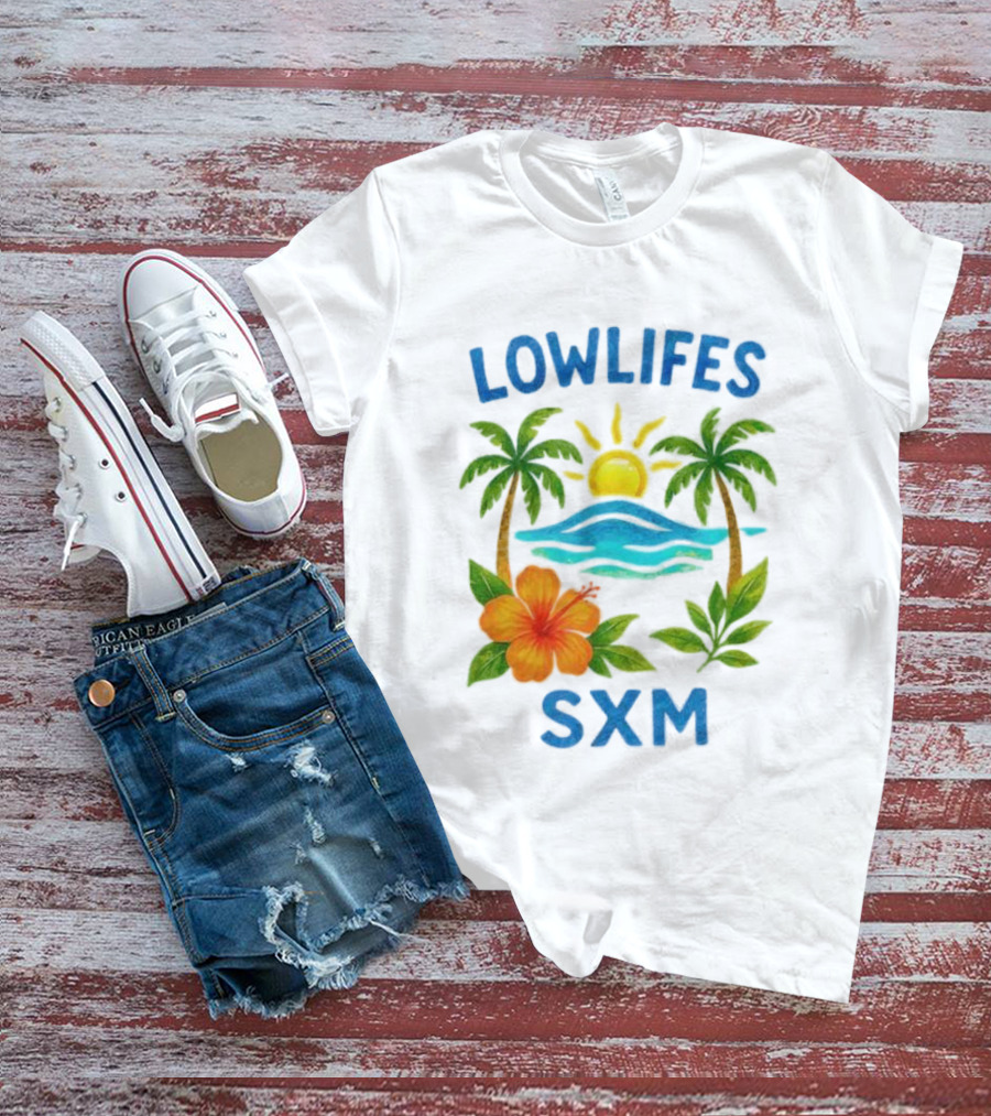 Lowlifes SXM Tropical Sunset 2025 Palms Hibiscus Ocean Sun T-Shirt