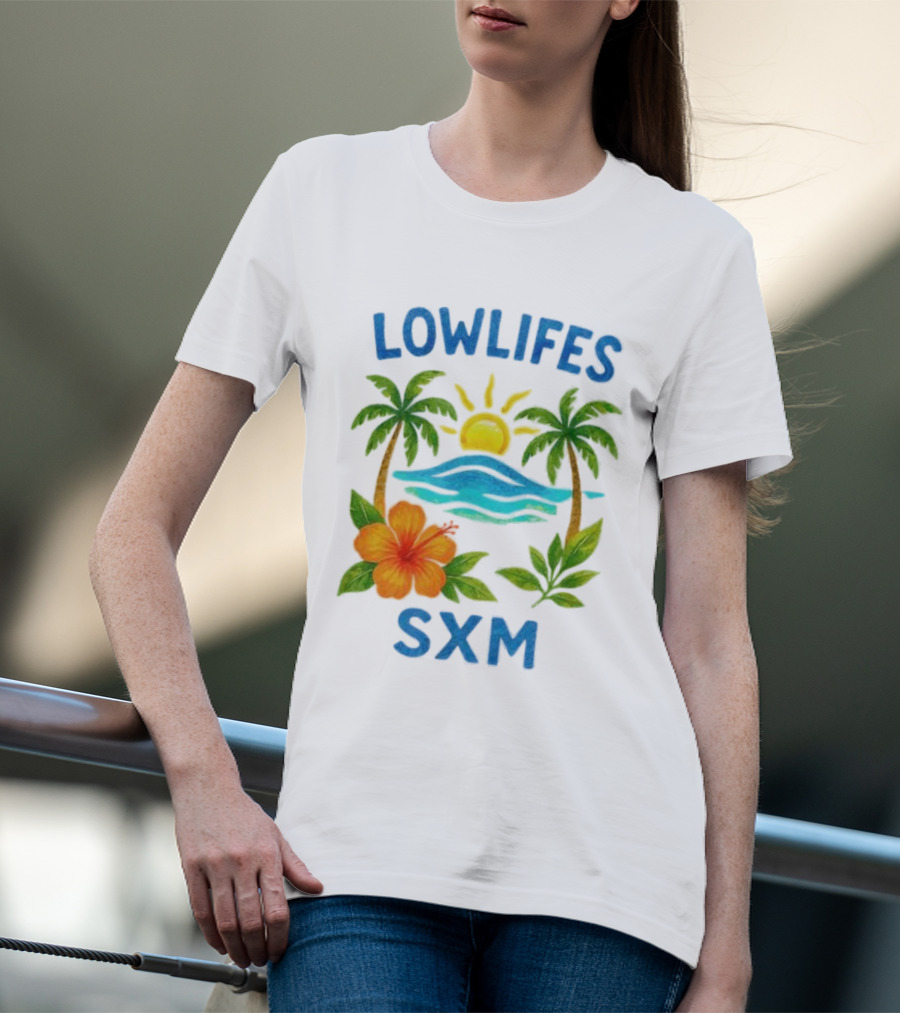 Lowlifes SXM Tropical Sunset 2025 Palms Hibiscus Ocean Sun T-Shirt