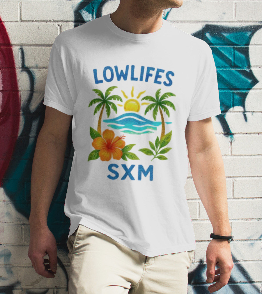Lowlifes SXM Tropical Sunset 2025 Palms Hibiscus Ocean Sun T-Shirt