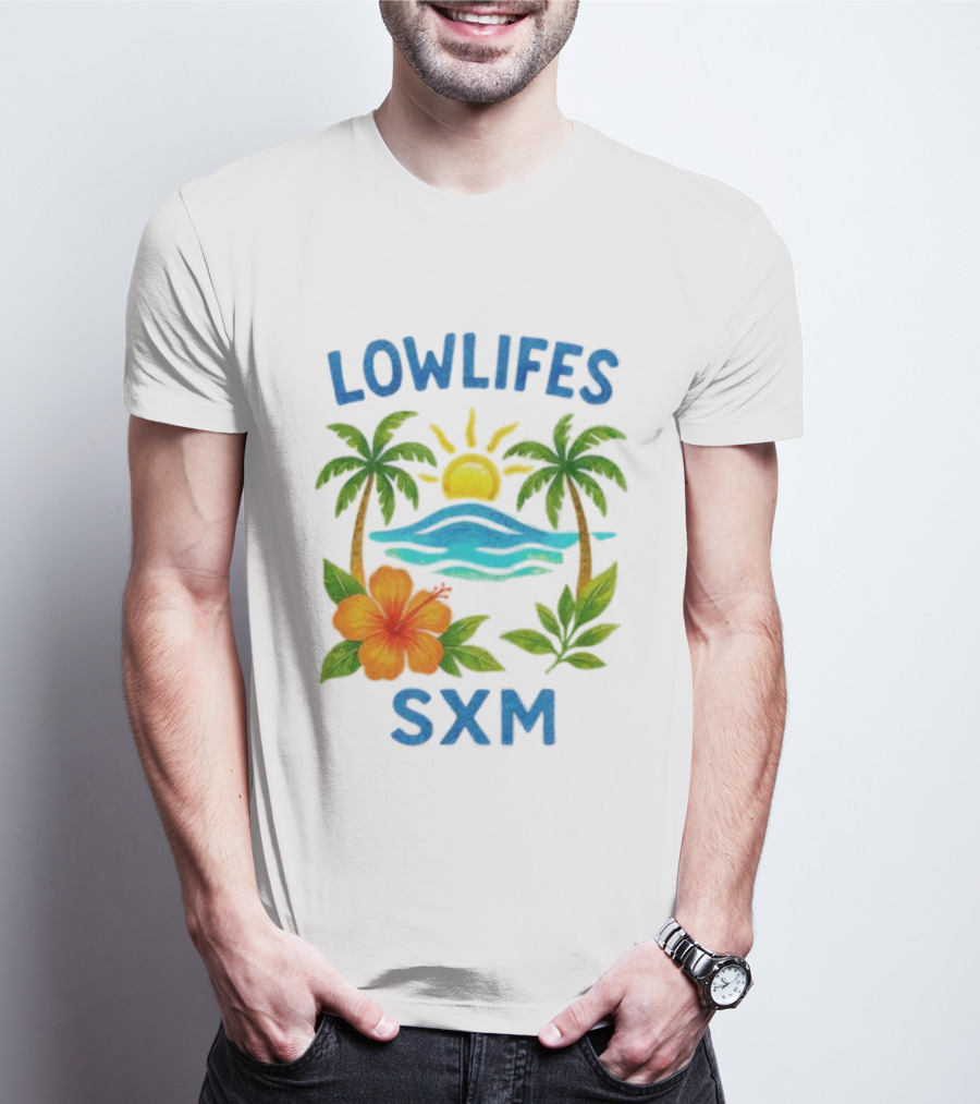 Lowlifes SXM Tropical Sunset 2025 Palms Hibiscus Ocean Sun T-Shirt