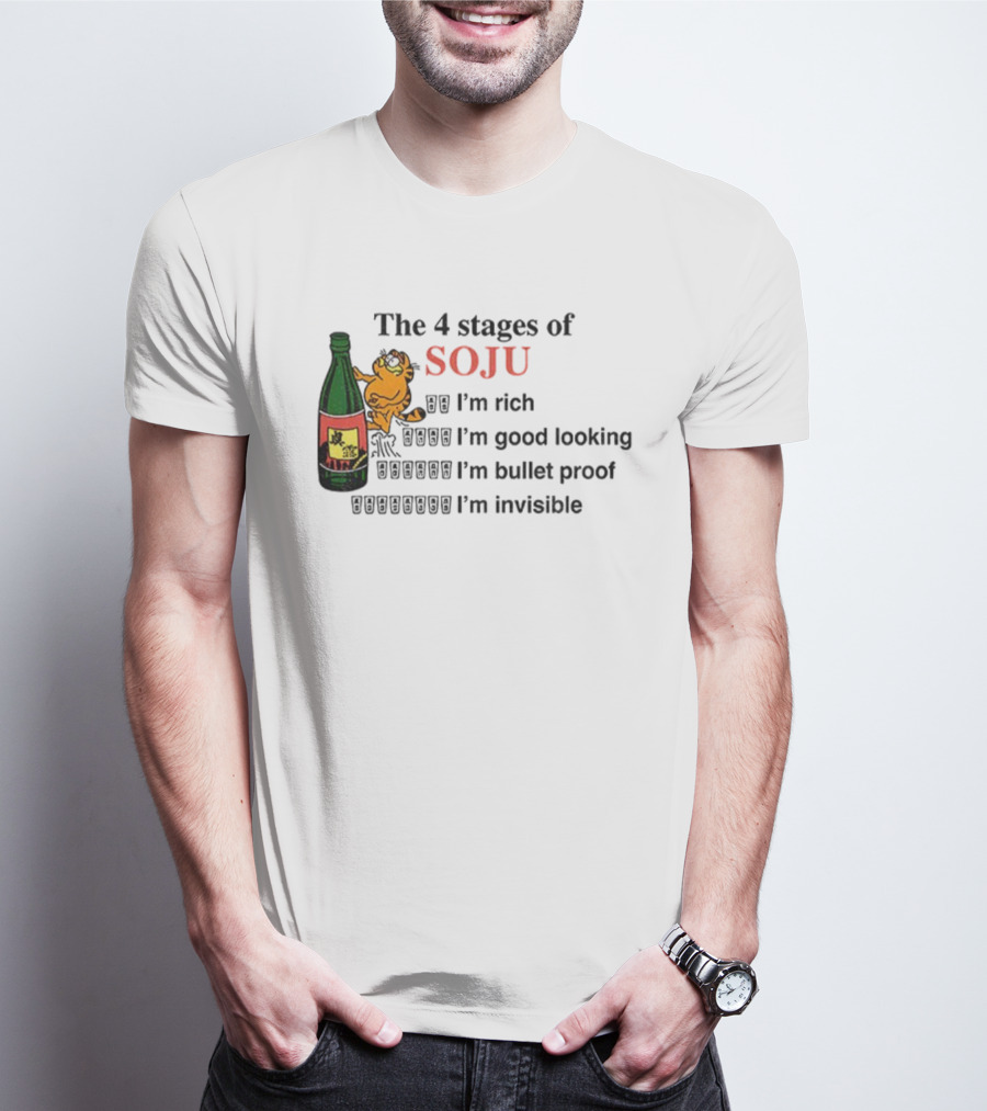 Orange Cat The 4 Stages Of Soju I'm Rich Good Looking Bullet Proof Invisible T-Shirt