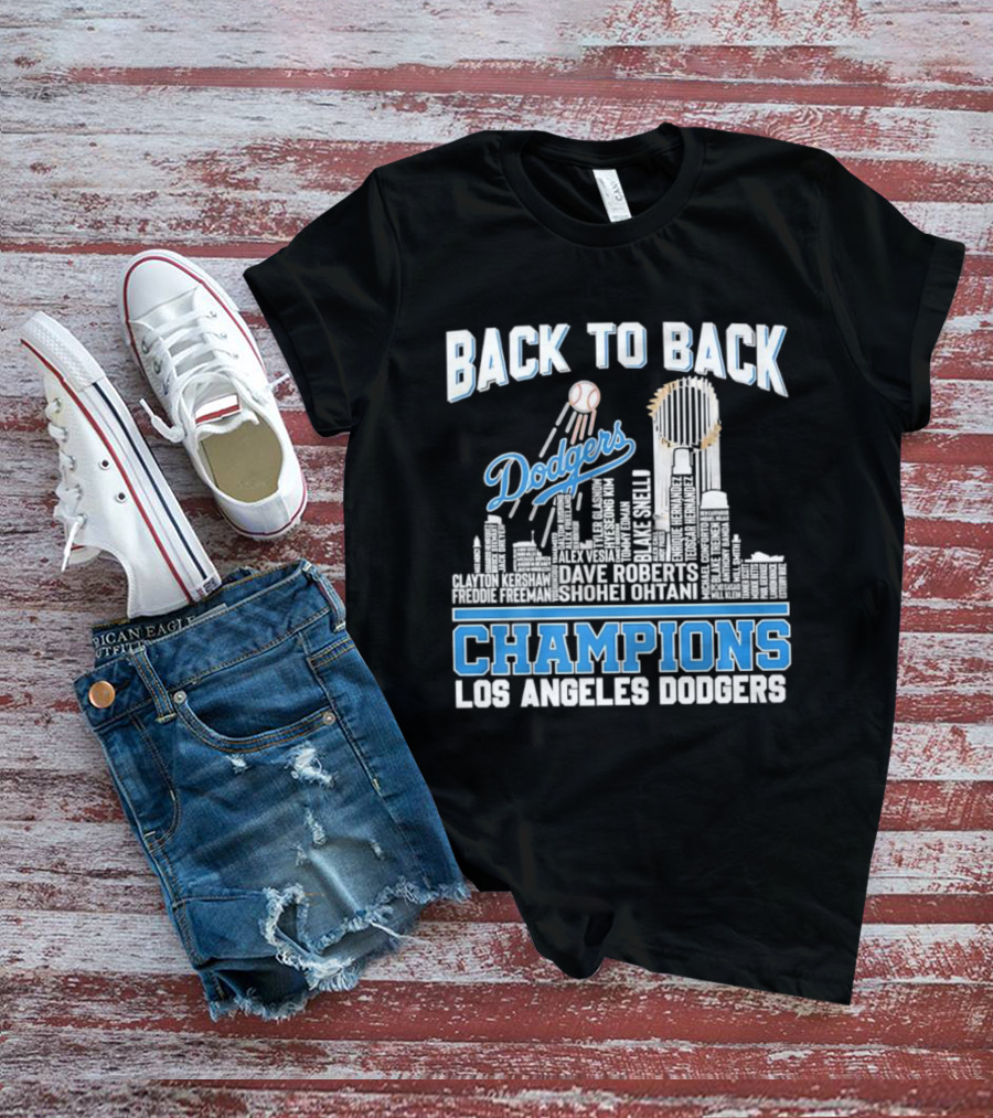 Back To Back Champions Dodgers Trophy Los Angeles Skyline T-Shirt