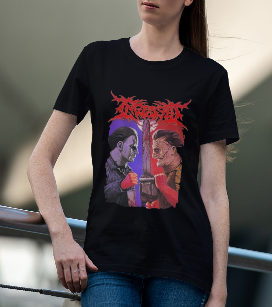Michael Myers Freddy Krueger Ingested Chainsaw Showdown Graphic T-Shirt