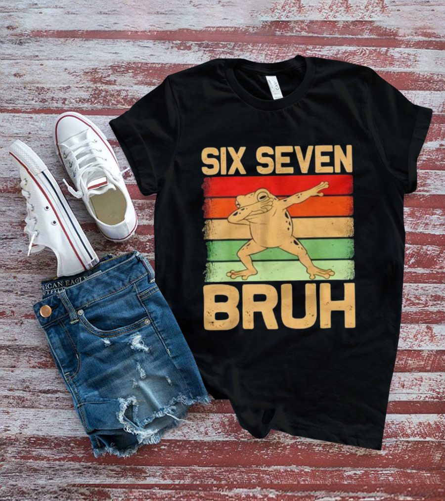 Six Seven Bruh Dab Frog Retro Stripes T-Shirt