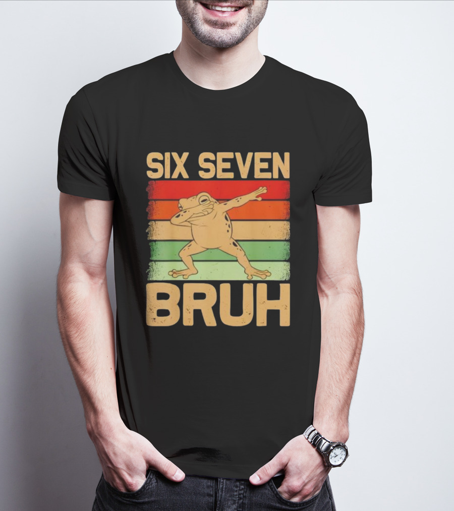Six Seven Bruh Dab Frog Retro Stripes T-Shirt
