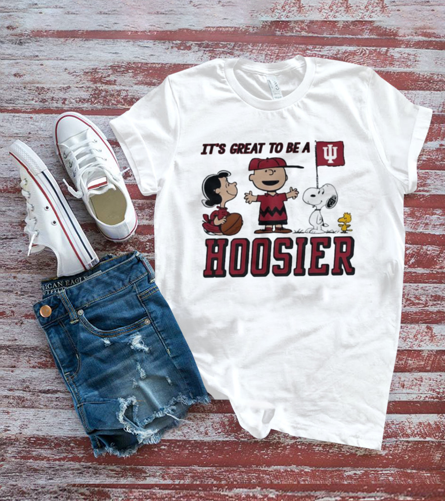 Peanuts Characters Indiana Hoosiers It's Great To Be A Hoosier Snoopy Woodstock Lucy Charlie Brown IU Flag T-Shirt