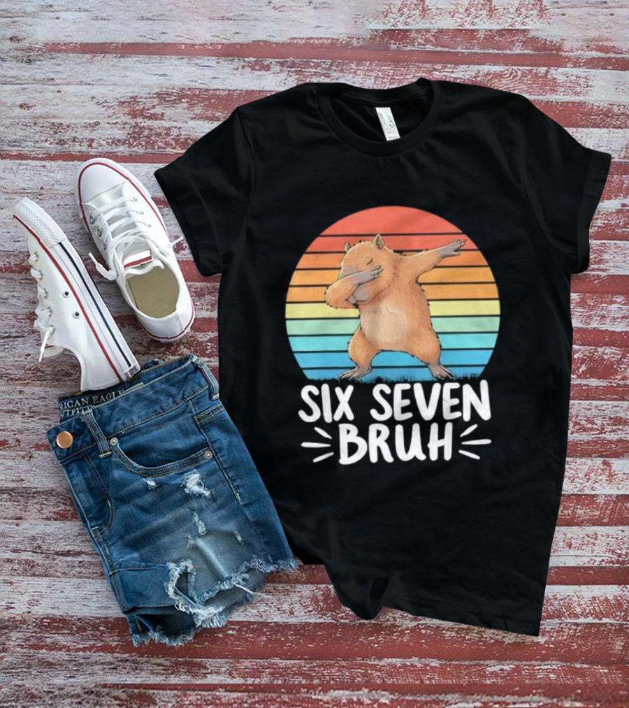 67 Meme Capybara Dabbing Six Seven Bruh Rainbow Retro T-Shirt