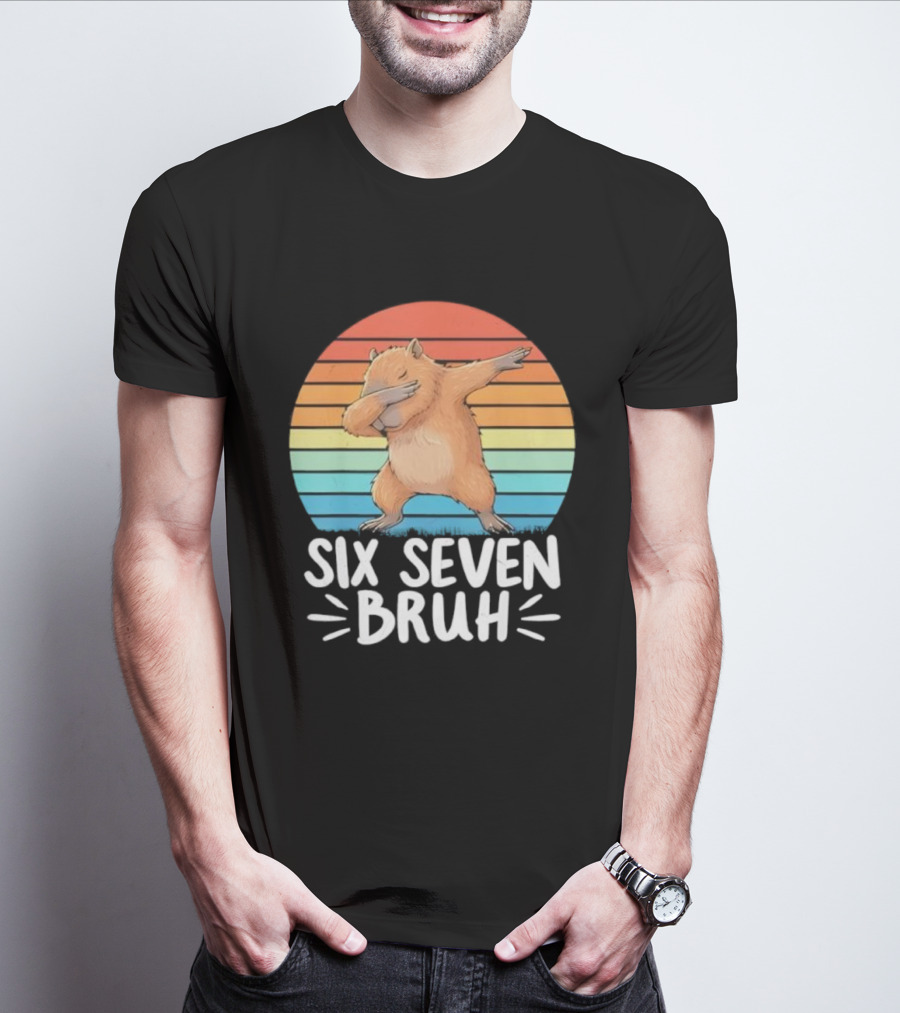 67 Meme Capybara Dabbing Six Seven Bruh Rainbow Retro T-Shirt