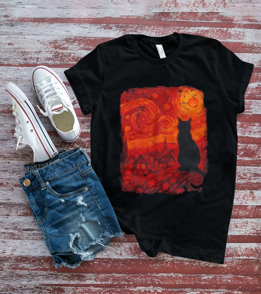 Van Gogh Cat Lover Starry Night Thanksgiving Autumn T-Shirt