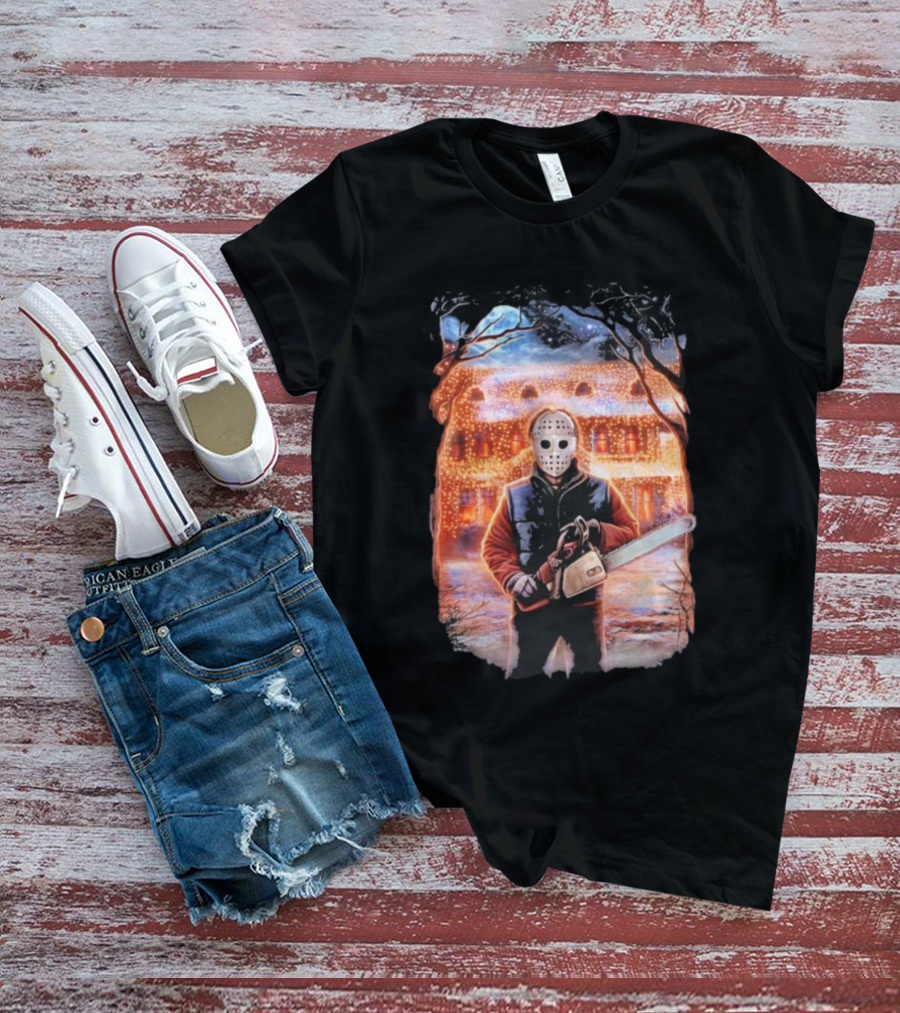 Clark’s Revenge Chainsaw Christmas Lights Hockey Mask Retro Horror Holiday T-Shirt