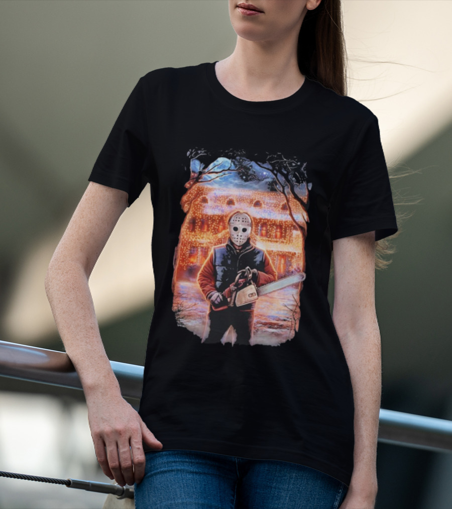 Clark’s Revenge Chainsaw Christmas Lights Hockey Mask Retro Horror Holiday T-Shirt